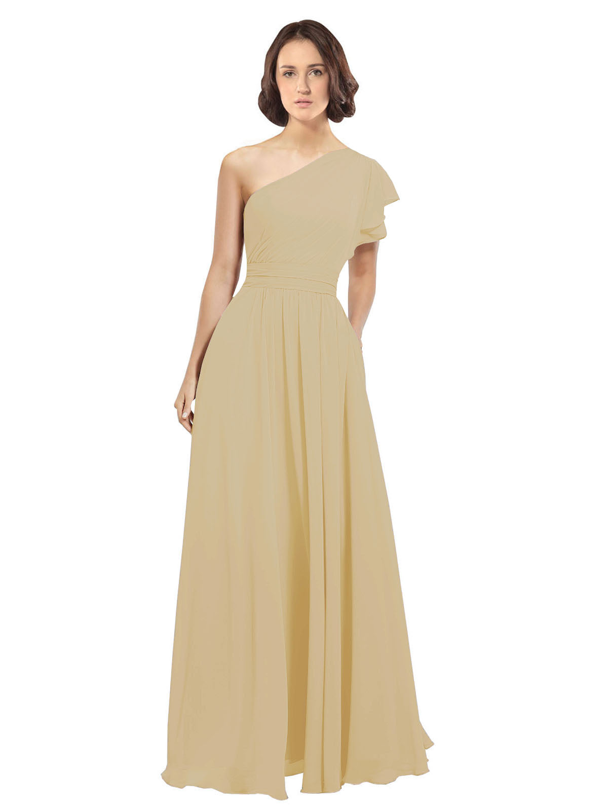 Gold A-Line One Shoulder  Long Bridesmaid Dress Josephine