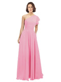Hot Pink A-Line One Shoulder  Long Bridesmaid Dress Josephine