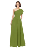 Olive Green A-Line One Shoulder  Long Bridesmaid Dress Josephine