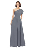 Slate Grey A-Line One Shoulder  Long Bridesmaid Dress Josephine
