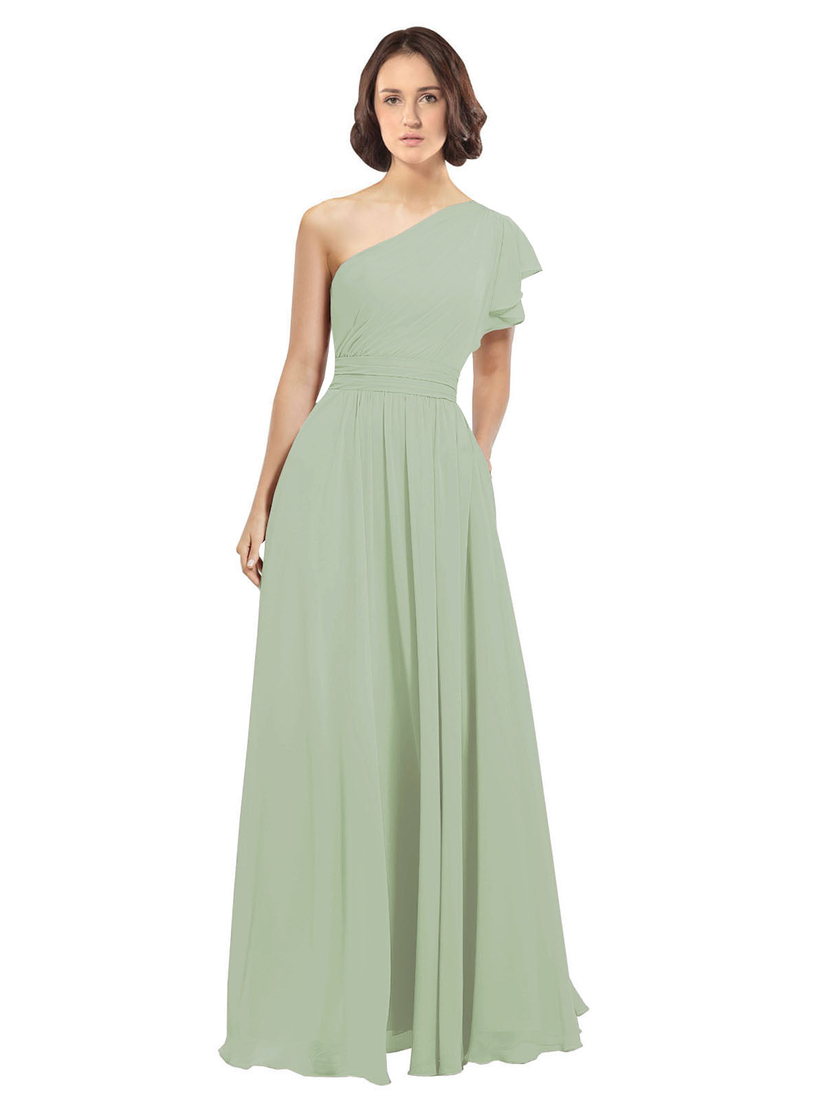 Smoke Green A-Line One Shoulder  Long Bridesmaid Dress Josephine