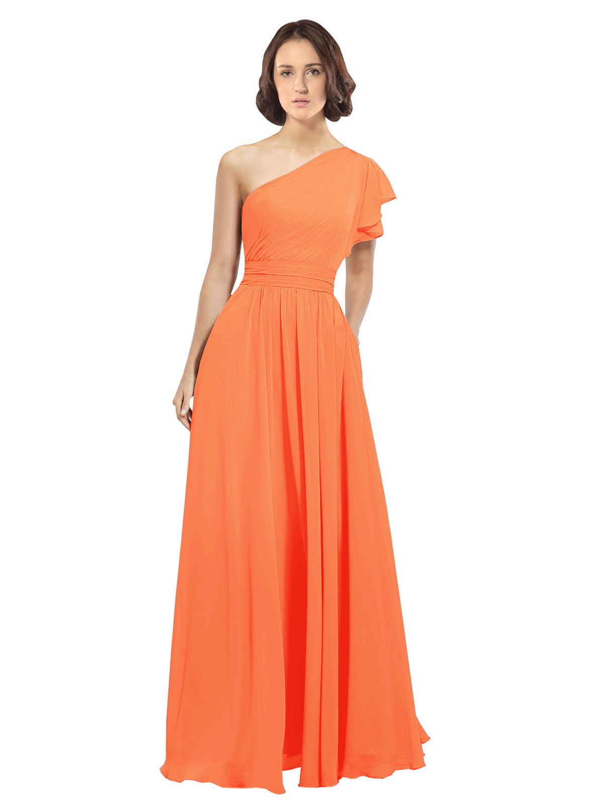 Tangerine Tango A-Line One Shoulder  Long Bridesmaid Dress Josephine