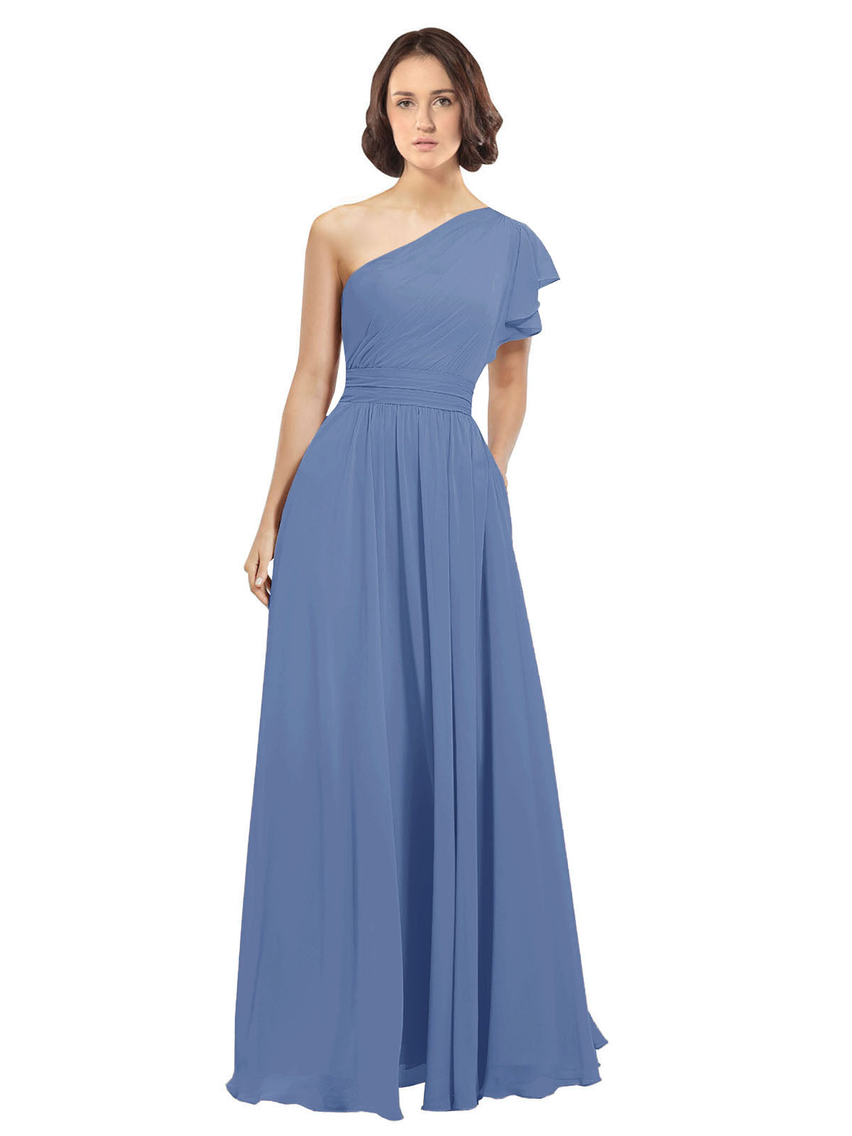Windsor Blue A-Line One Shoulder  Long Bridesmaid Dress Josephine