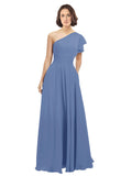 Windsor Blue A-Line One Shoulder Long Bridesmaid Dress Josephine