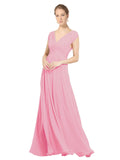 Hot Pink A-Line V-Neck Sleeveless Long Bridesmaid Dress Faith