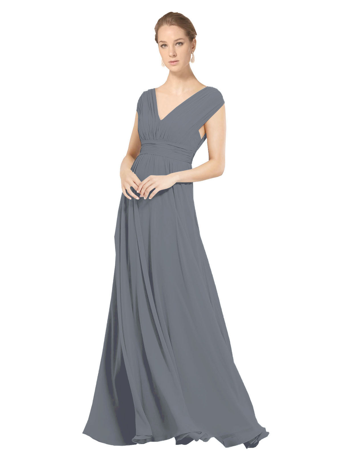 Slate Grey A-Line V-Neck Sleeveless Long Bridesmaid Dress Faith