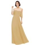 Gold A-Line Off the Shoulder Off the Shoulder Long Bridesmaid Dress Katherine