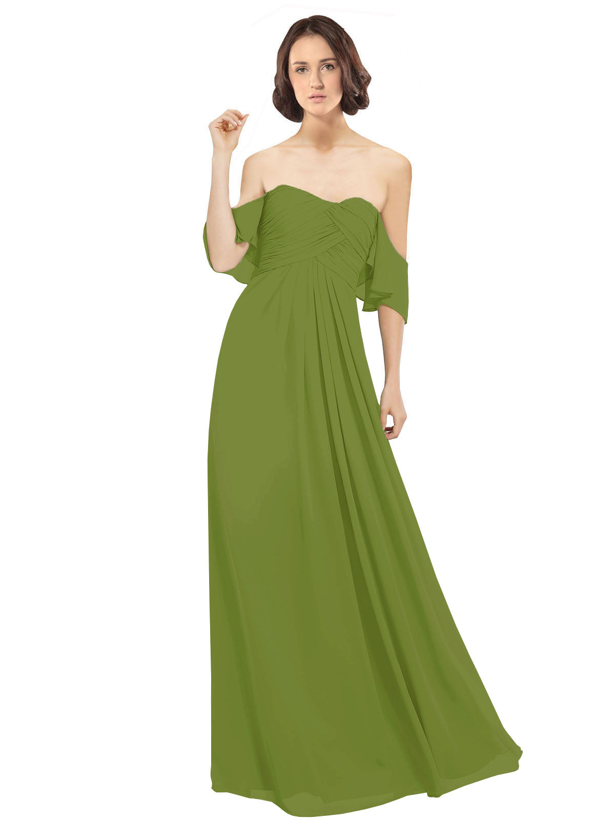 Olive Green A-Line Off the Shoulder Off the Shoulder Long Bridesmaid Dress Katherine