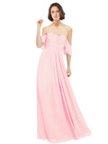 Pink A-Line Off the Shoulder Off the Shoulder Long Bridesmaid Dress Katherine