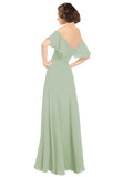 Smoke Green A-Line Off the Shoulder Off the Shoulder Long Bridesmaid Dress Katherine