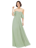Smoke Green A-Line Off the Shoulder Off the Shoulder Long Bridesmaid Dress Katherine