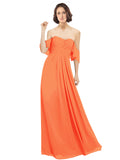 Tangerine Tango A-Line Off the Shoulder Off the Shoulder Long Bridesmaid Dress Katherine