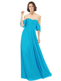 Turquoise A-Line Off the Shoulder Off the Shoulder Long Bridesmaid Dress Katherine