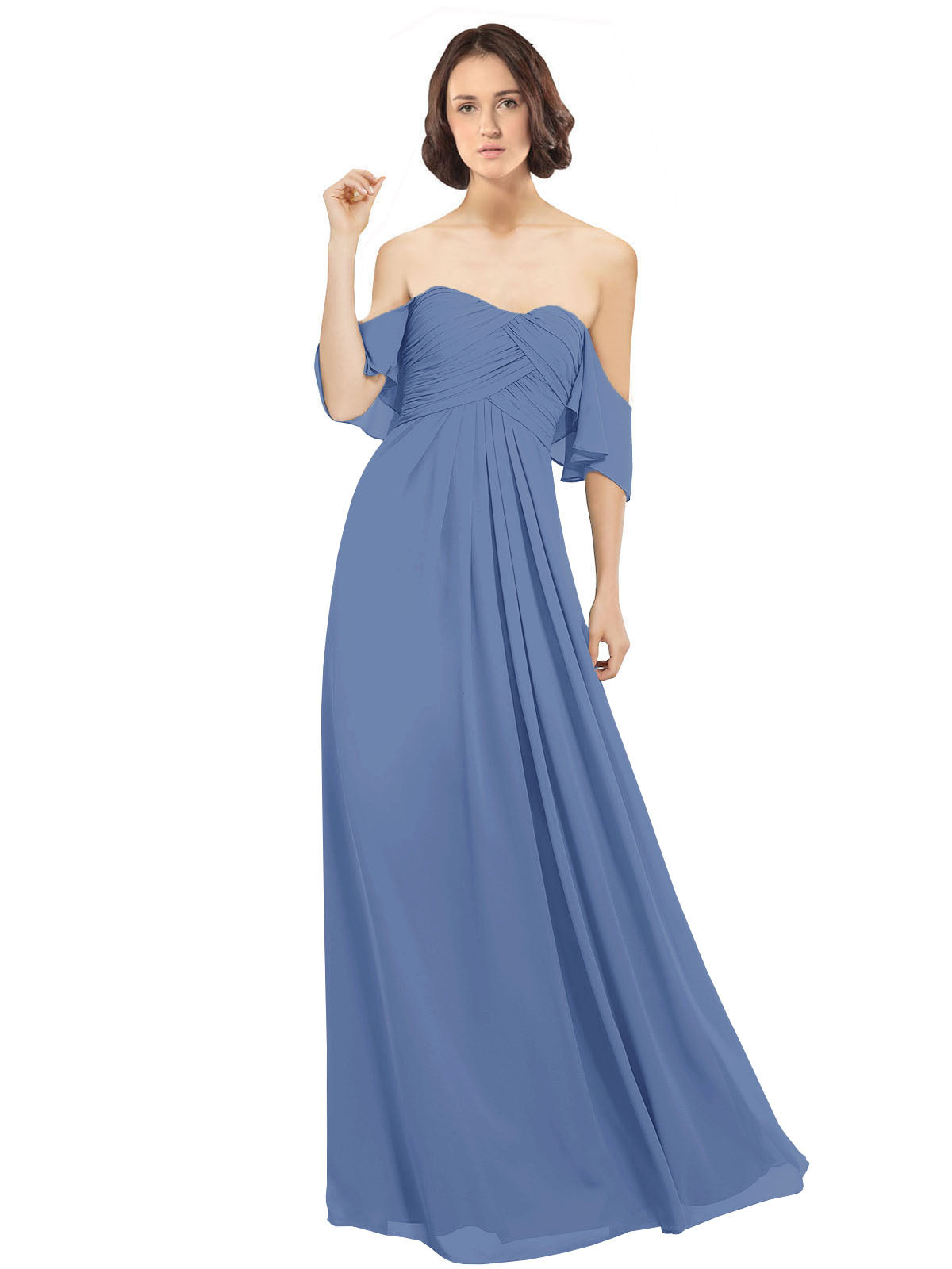 Windsor Blue A-Line Off the Shoulder Off the Shoulder Long Bridesmaid Dress Katherine