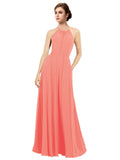 Coral A-Line Halter Sleeveless Long Bridesmaid Dress Taylor