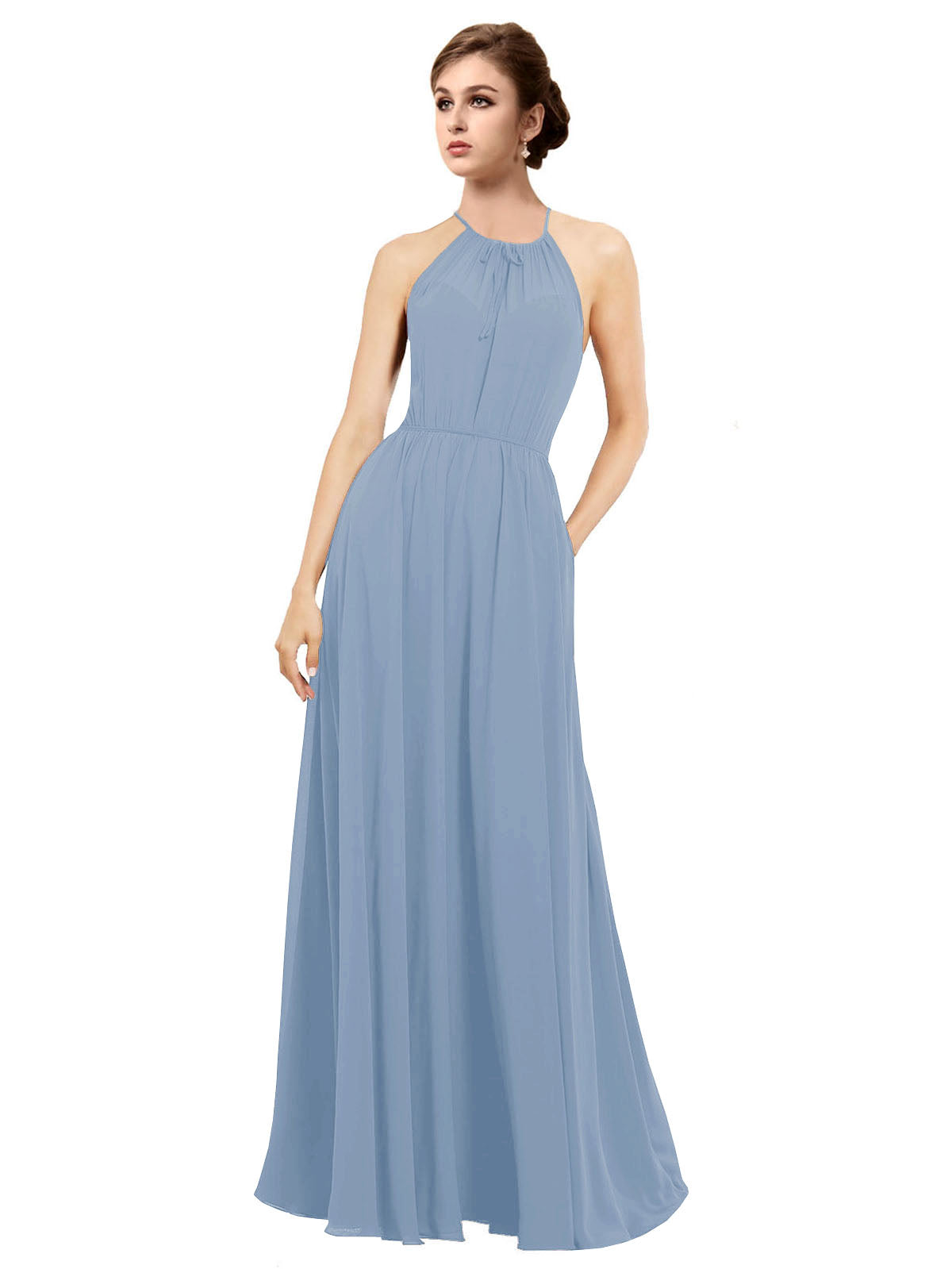 Dusty Blue A-Line Halter Sleeveless Long Bridesmaid Dress Taylor