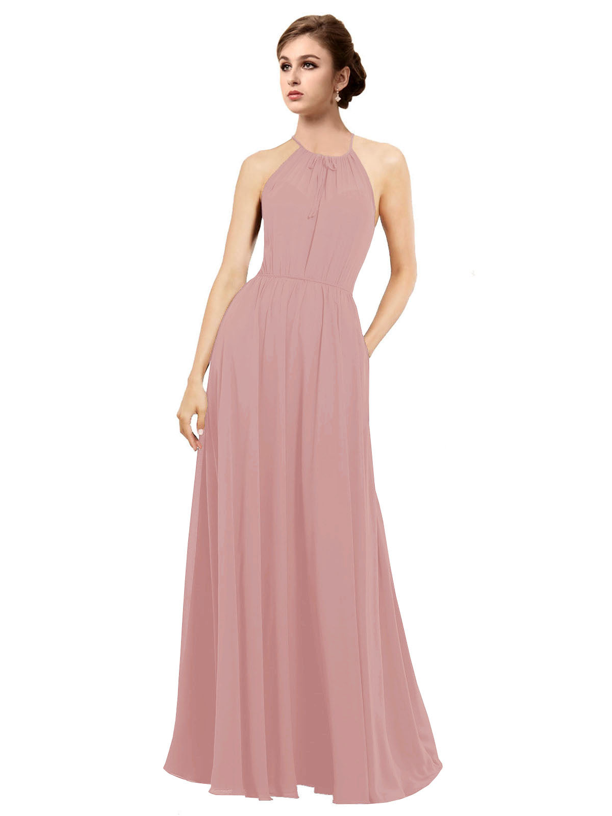 Dusty Pink A-Line Halter Sleeveless Long Bridesmaid Dress Taylor