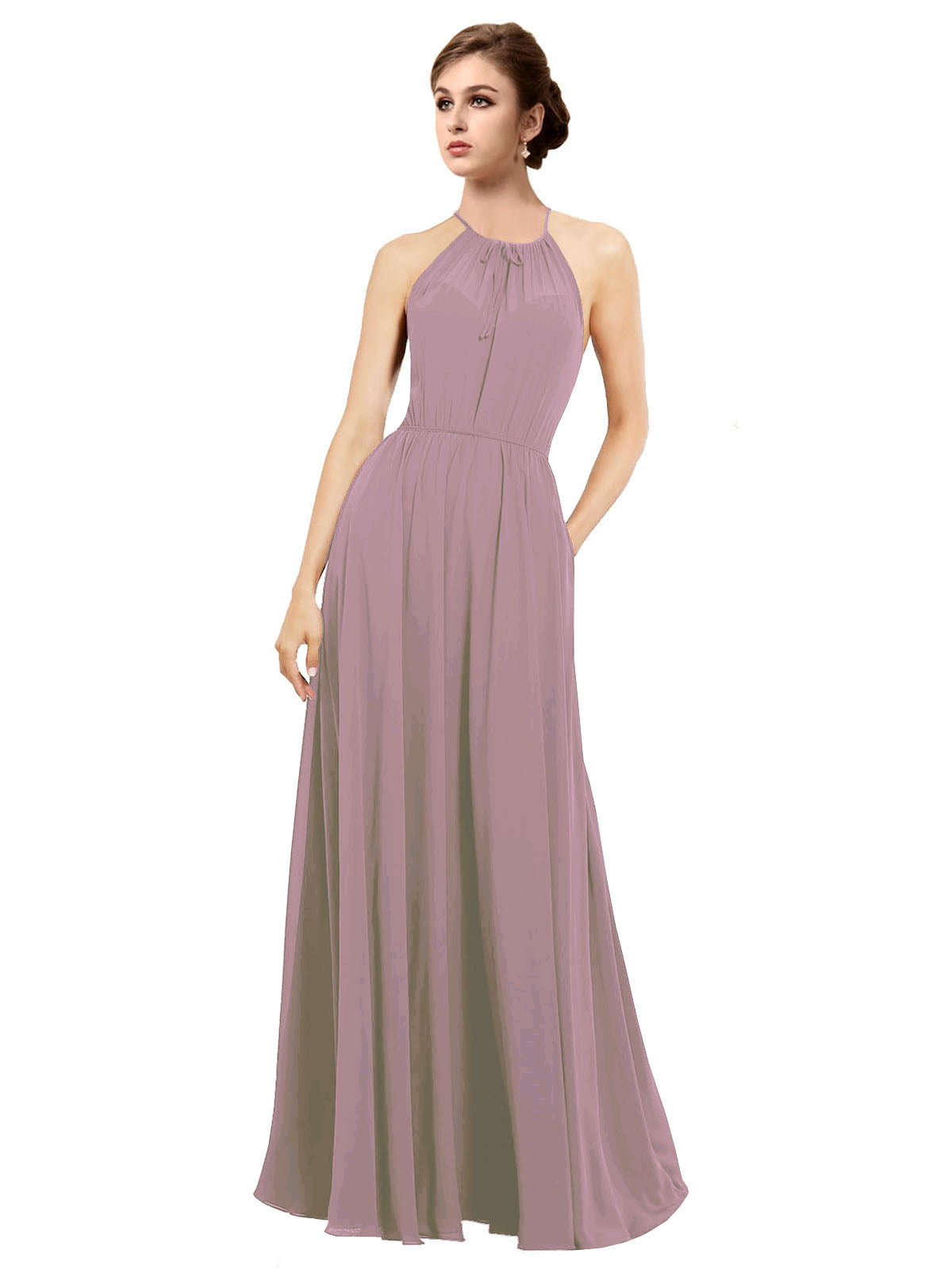 Dusty Rose A-Line Halter Sleeveless Long Bridesmaid Dress Taylor