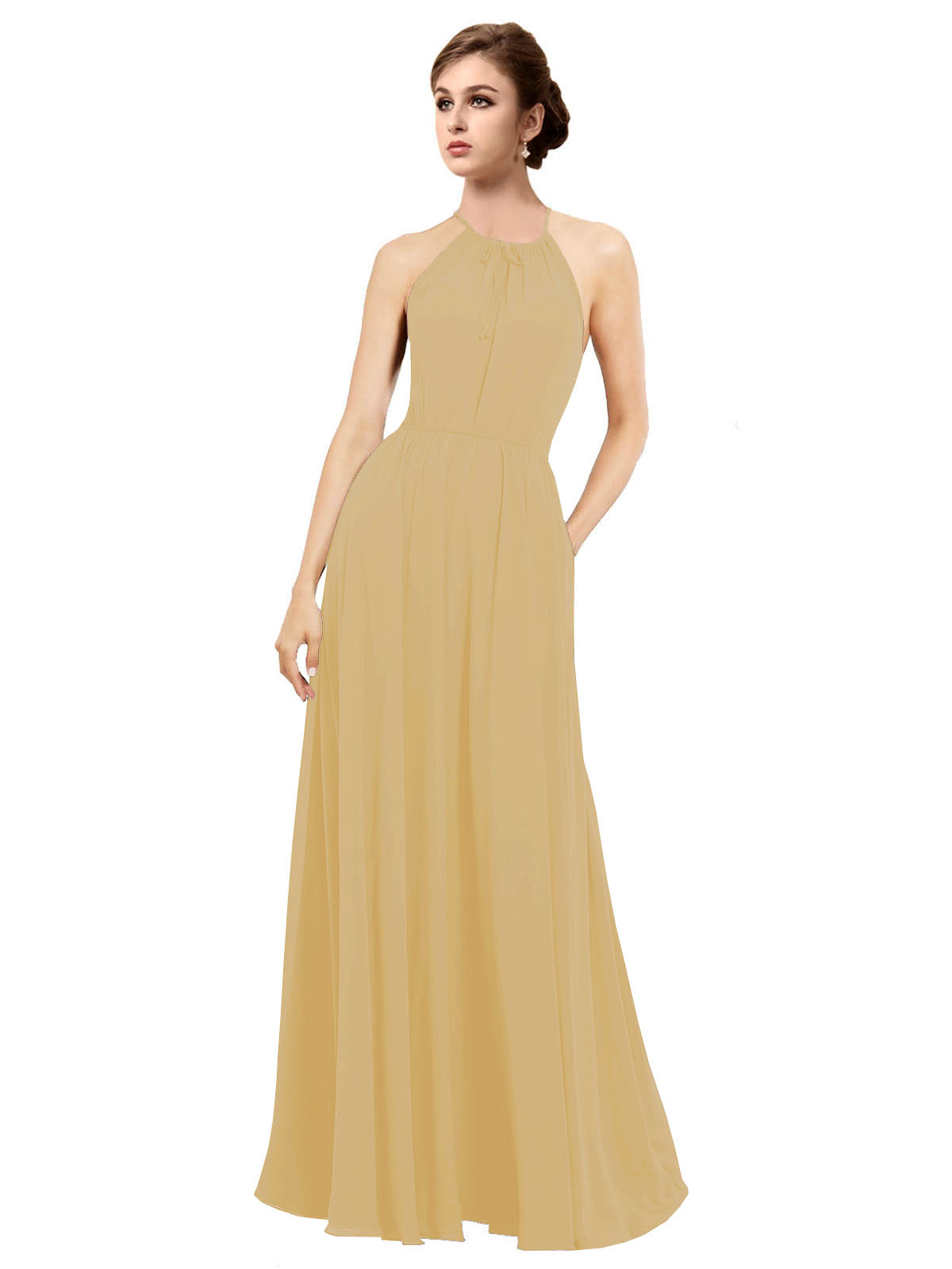 Gold A-Line Halter Sleeveless Long Bridesmaid Dress Taylor