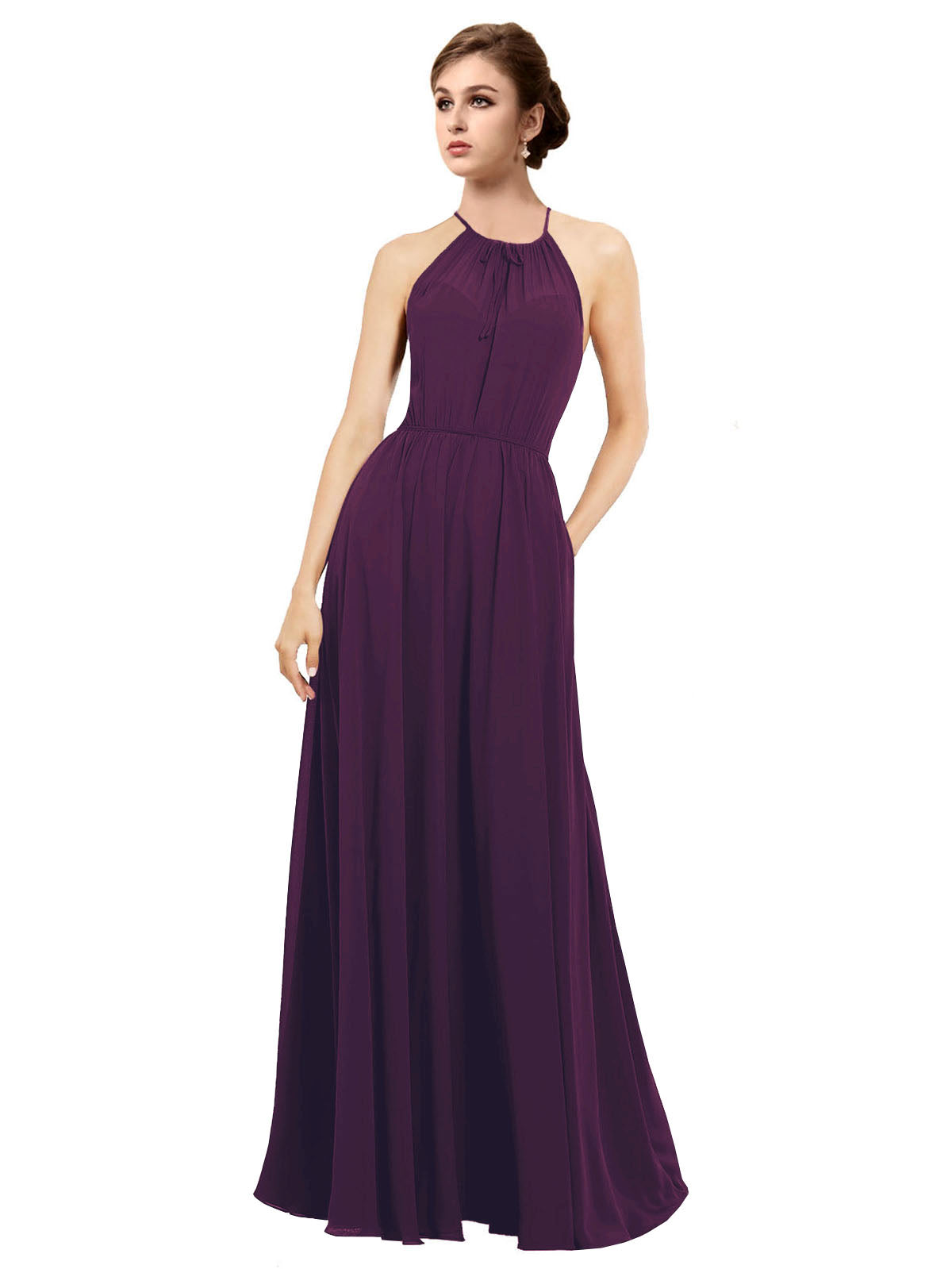 Grape A-Line Halter Sleeveless Long Bridesmaid Dress Taylor