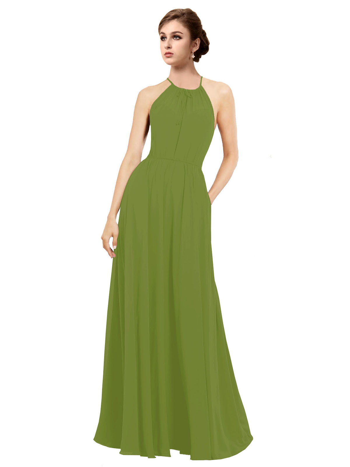 Olive Green A-Line Halter Sleeveless Long Bridesmaid Dress Taylor