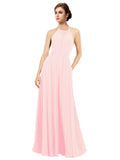Pink A-Line Halter Sleeveless Long Bridesmaid Dress Taylor