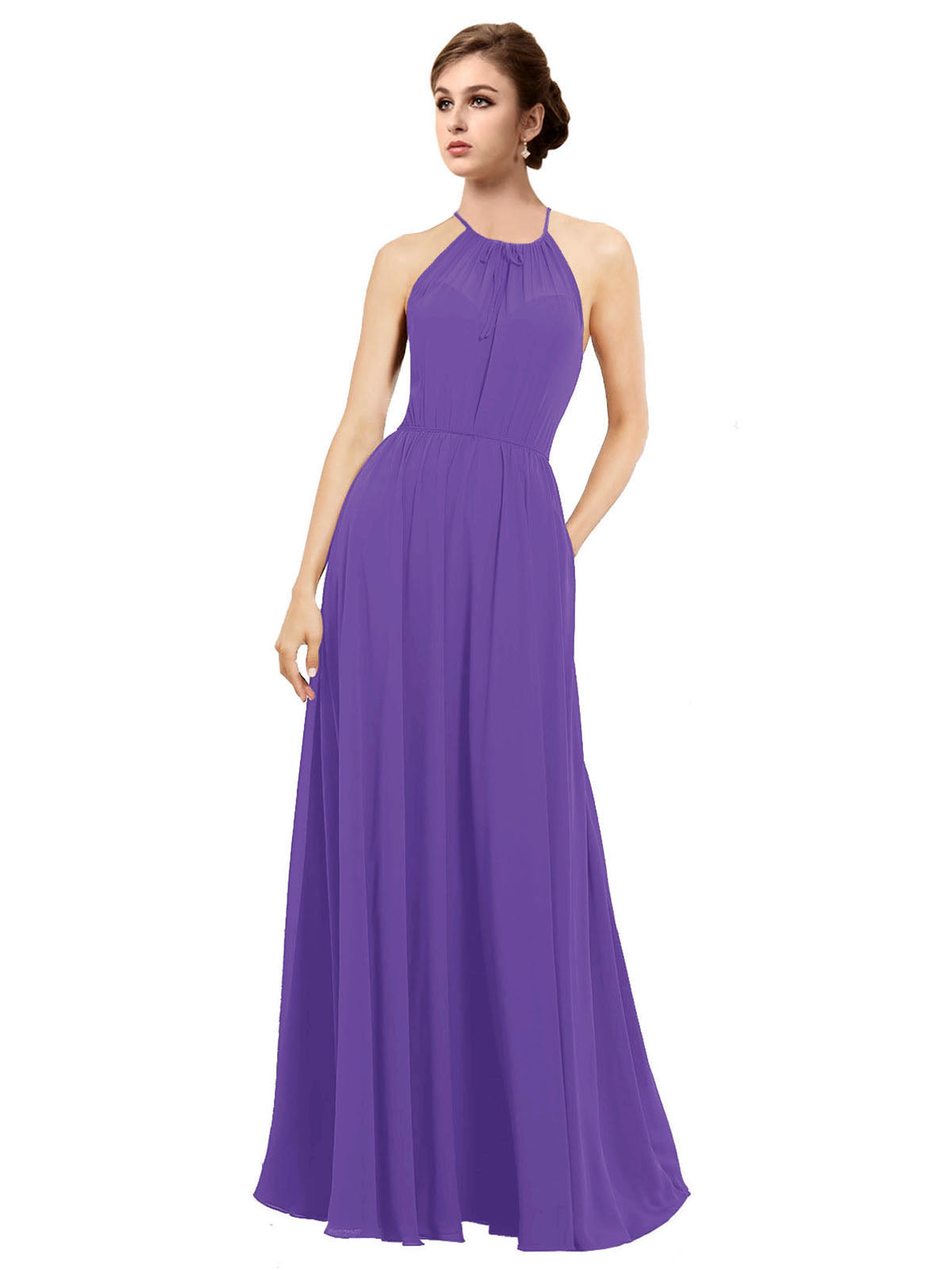 Purple A-Line Halter Sleeveless Long Bridesmaid Dress Taylor