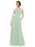 Sage A-Line Halter Sleeveless Long Bridesmaid Dress Taylor