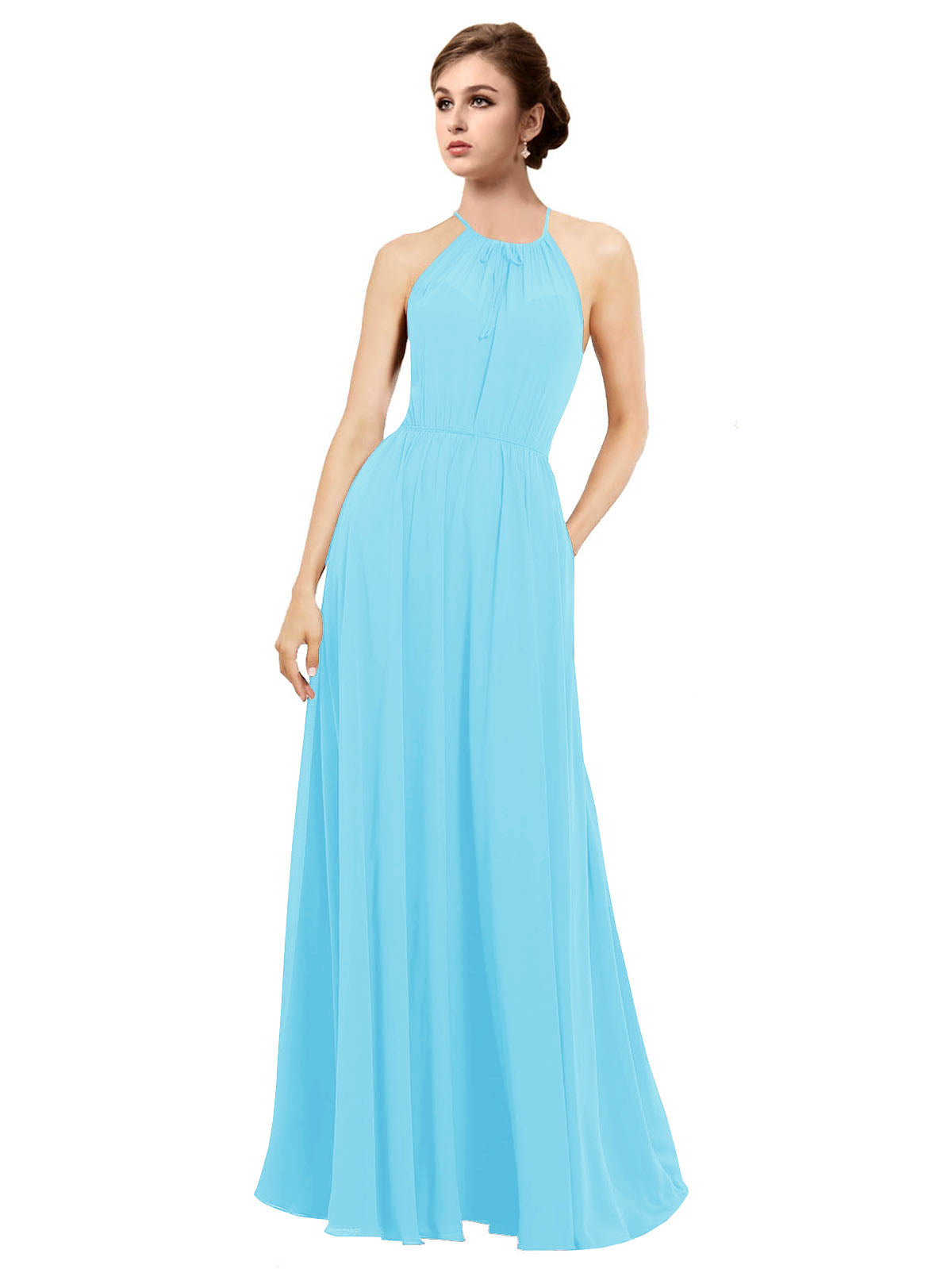 Sky Blue A-Line Halter Sleeveless Long Bridesmaid Dress Taylor