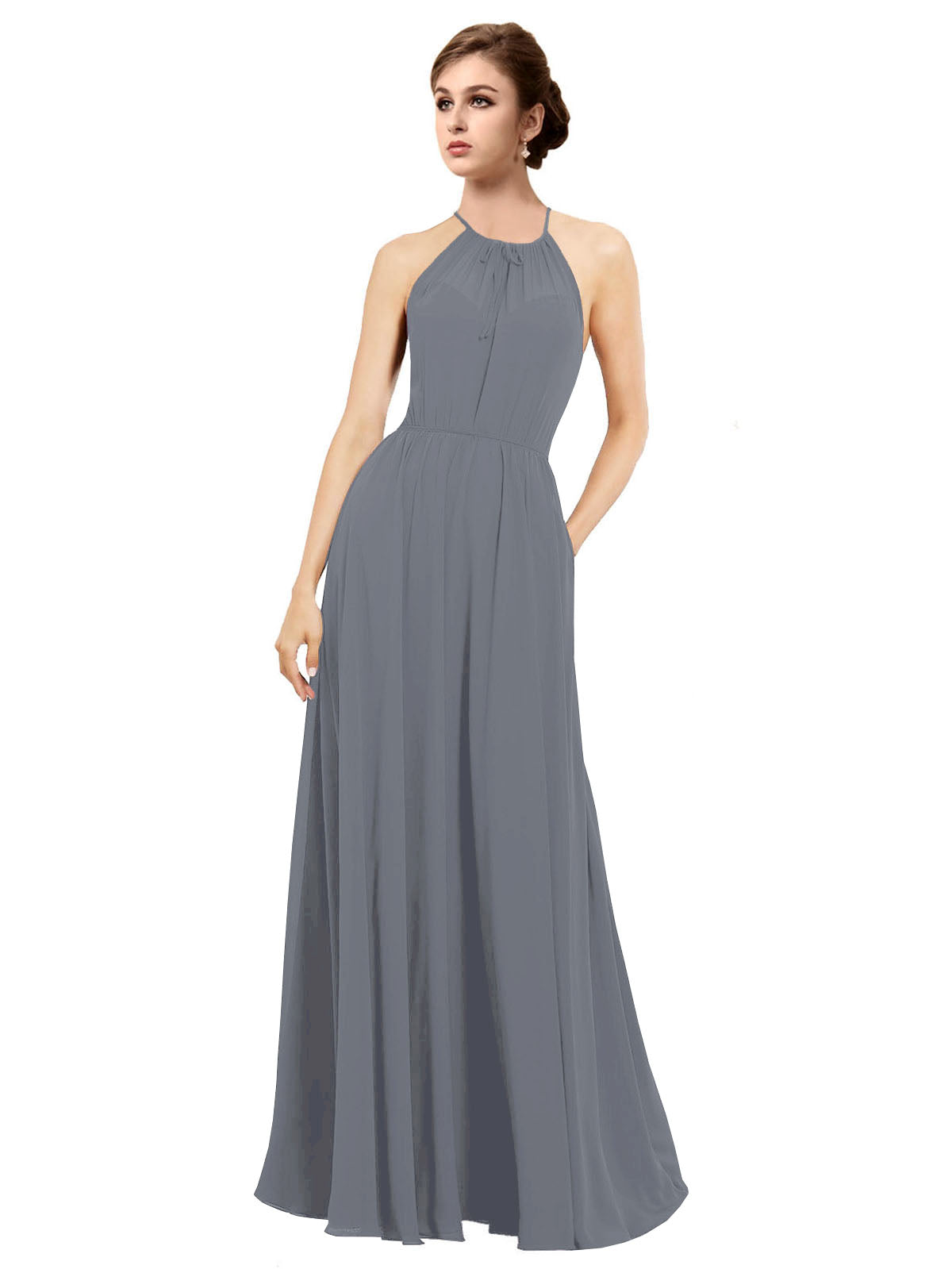 Slate Grey A-Line Halter Sleeveless Long Bridesmaid Dress Taylor