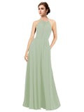 Smoke Green A-Line Halter Sleeveless Long Bridesmaid Dress Taylor