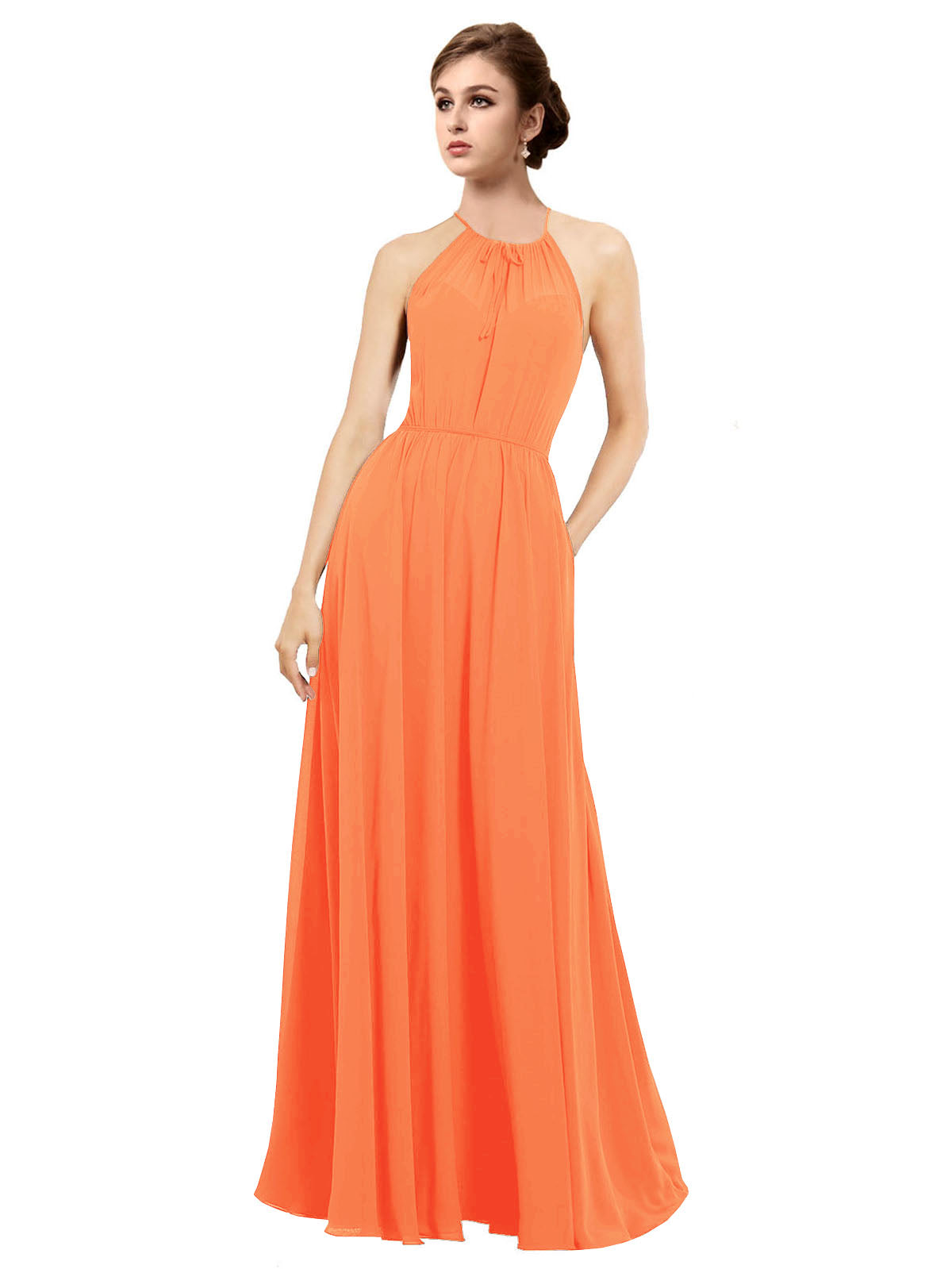Tangerine Tango A-Line Halter Sleeveless Long Bridesmaid Dress Taylor
