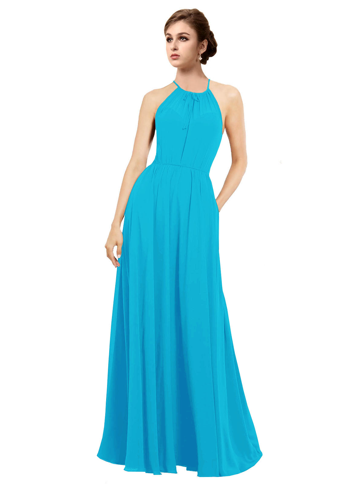 Turquoise A-Line Halter Sleeveless Long Bridesmaid Dress Taylor