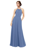 Windsor Blue A-Line Halter Sleeveless Long Bridesmaid Dress Taylor