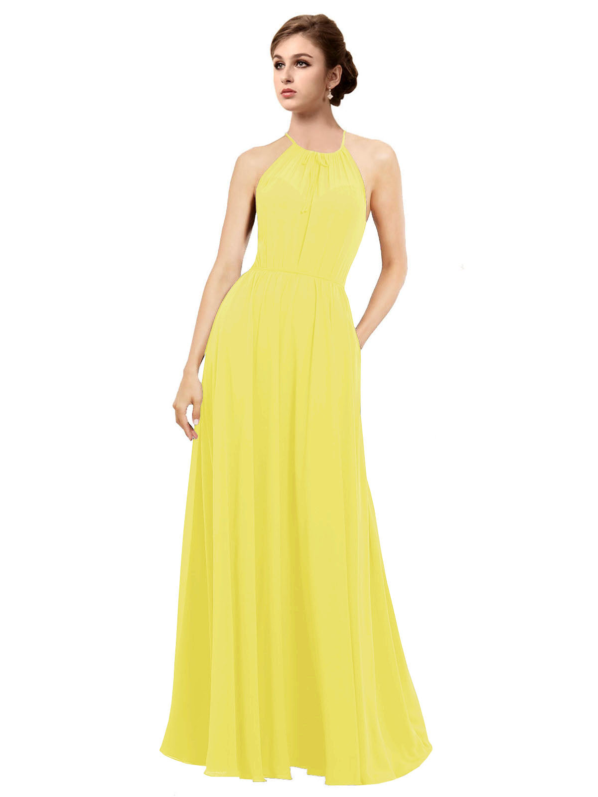 Yellow A-Line Halter Sleeveless Long Bridesmaid Dress Taylor