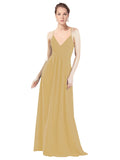 Gold A-Line V-Neck Spaghetti Straps Long Bridesmaid Dress Hadley