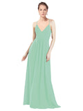 Mint Green A-Line V-Neck Spaghetti Straps Long Bridesmaid Dress Hadley