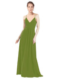 Olive Green A-Line V-Neck Spaghetti Straps Long Bridesmaid Dress Hadley