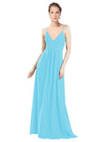 Sky Blue A-Line V-Neck Spaghetti Straps Long Bridesmaid Dress Hadley