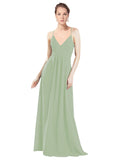 Smoke Green A-Line V-Neck Spaghetti Straps Long Bridesmaid Dress Hadley
