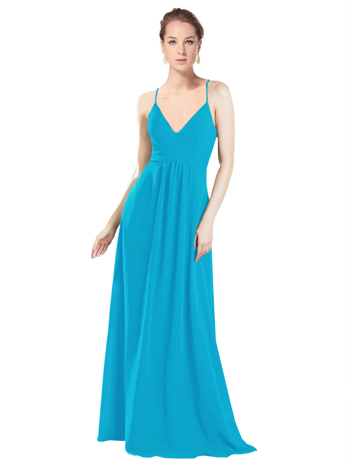 Turquoise A-Line V-Neck Spaghetti Straps Long Bridesmaid Dress Hadley