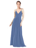 Windsor Blue A-Line V-Neck Spaghetti Straps Long Bridesmaid Dress Hadley