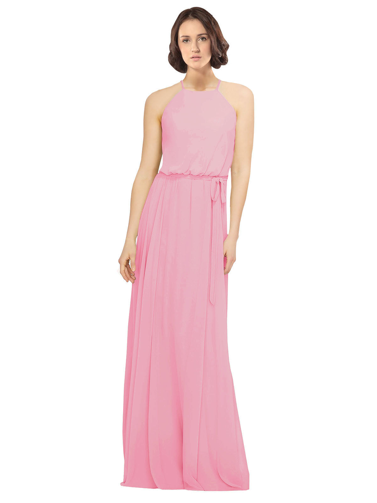 Hot Pink A-Line Jewel Sleeveless Long Bridesmaid Dress Ariel