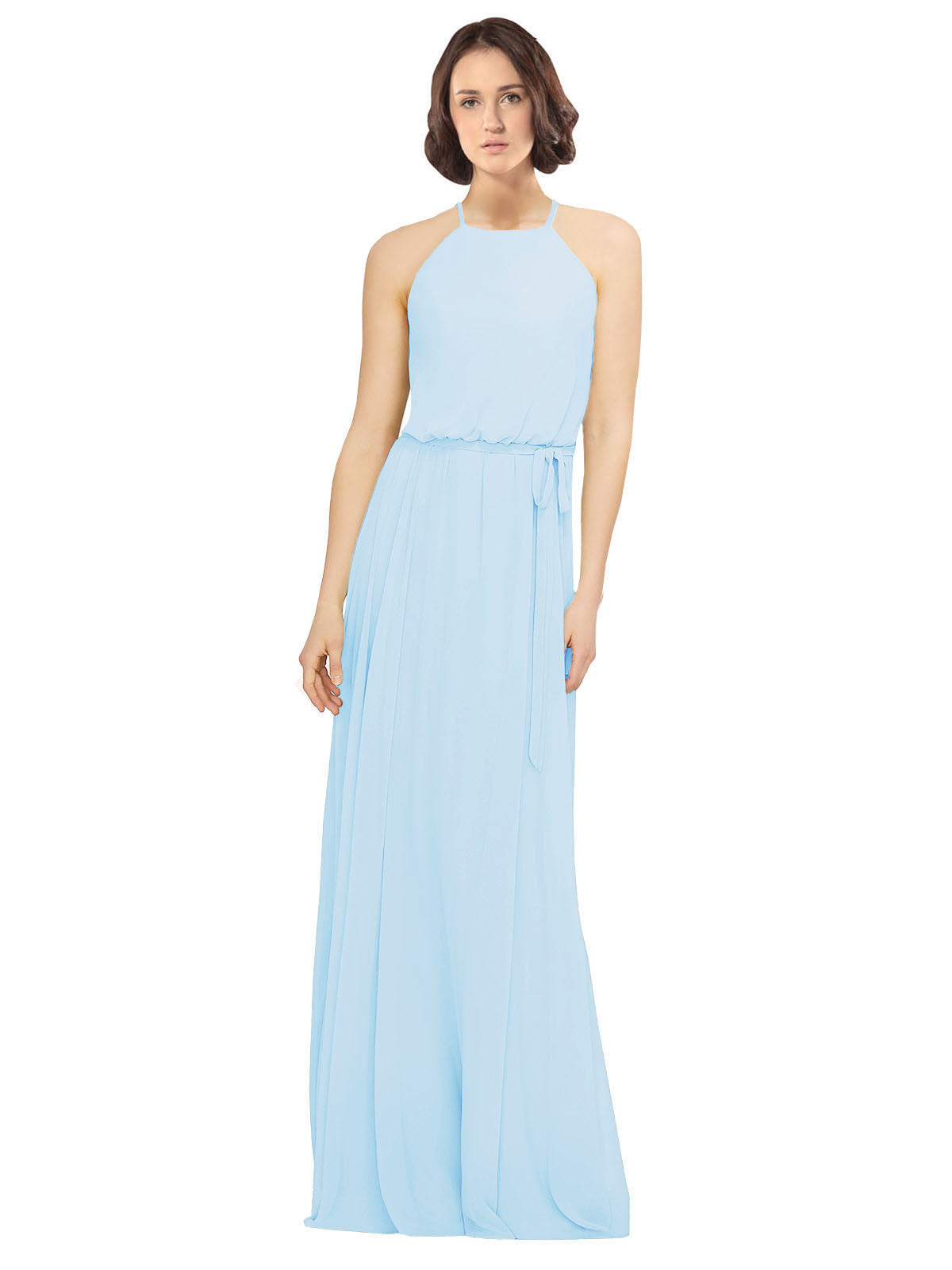 Light Sky Blue A-Line Jewel Sleeveless Long Bridesmaid Dress Ariel