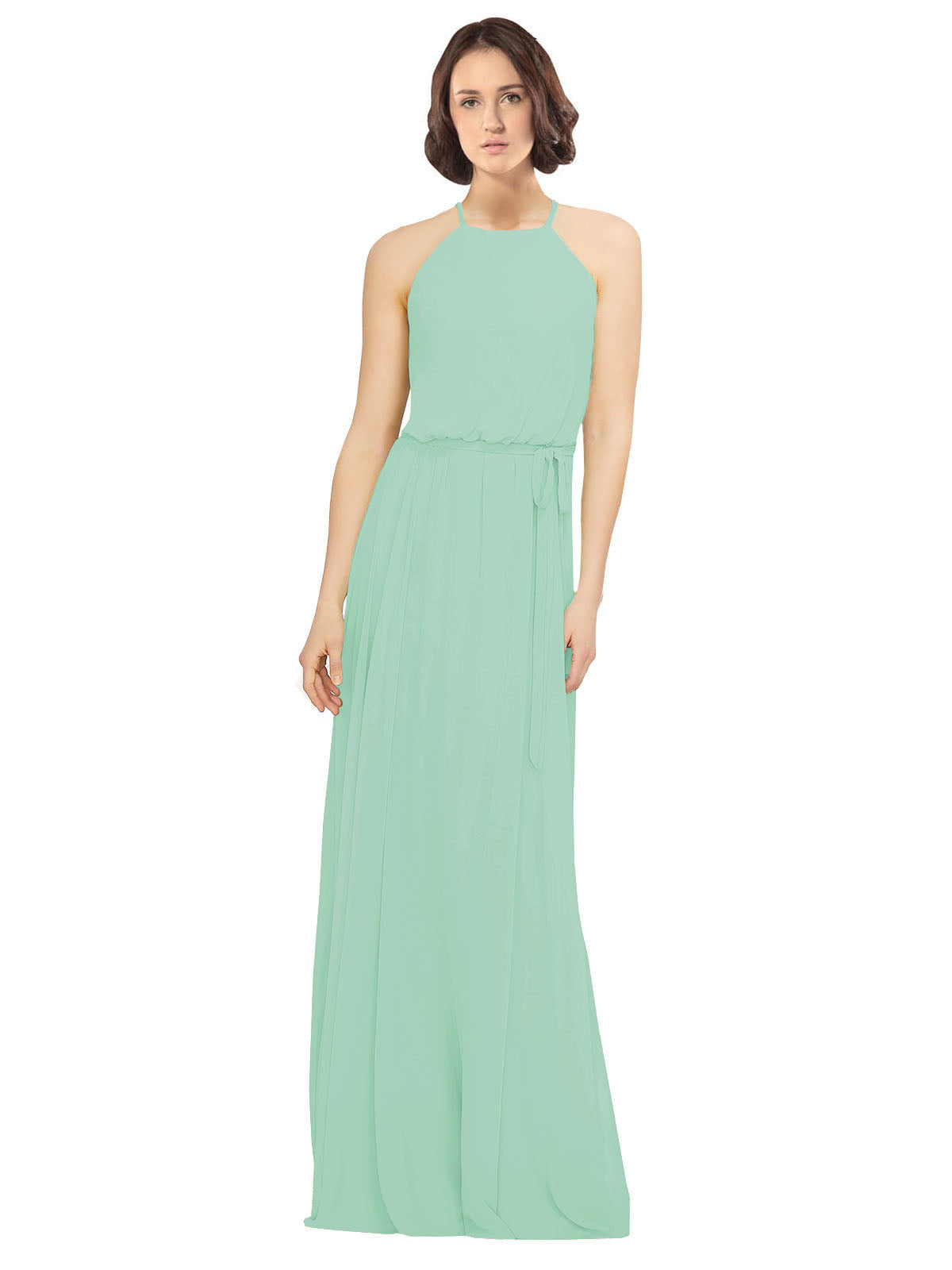 Mint Green A-Line Jewel Sleeveless Long Bridesmaid Dress Ariel