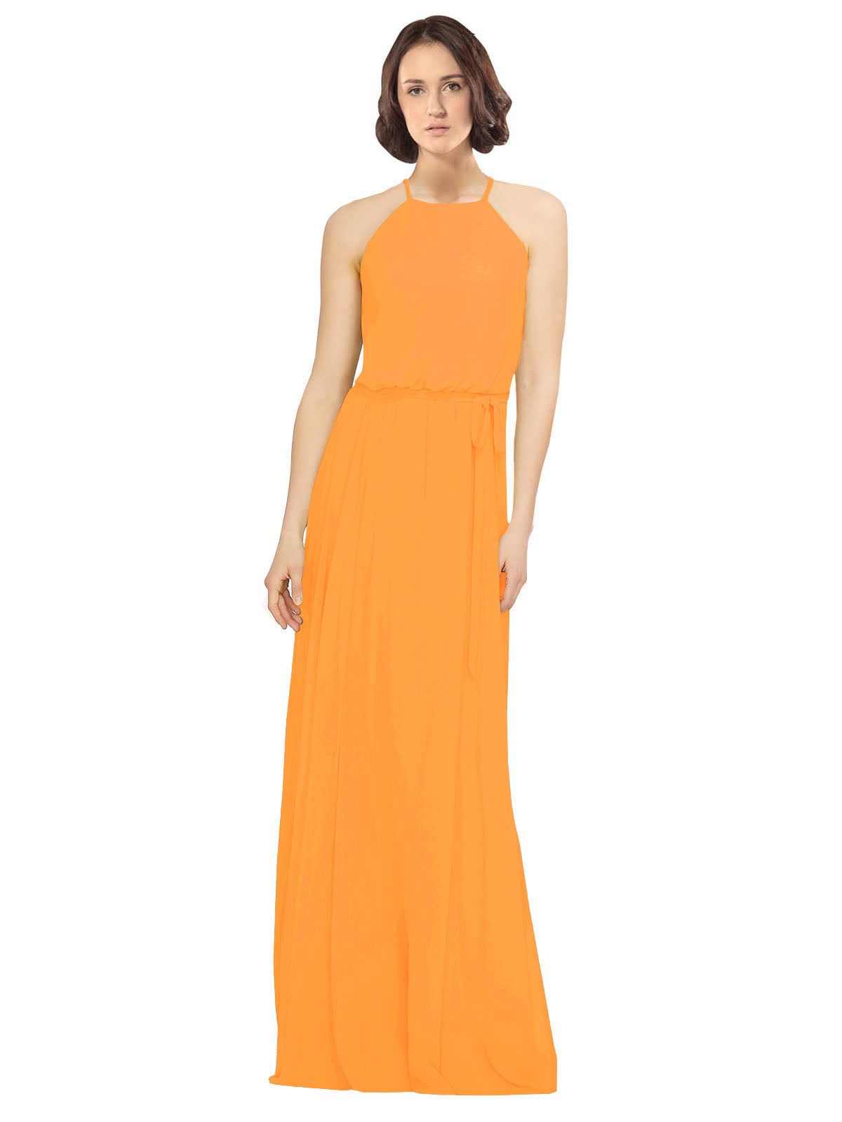 Orange A-Line Jewel Sleeveless Long Bridesmaid Dress Ariel