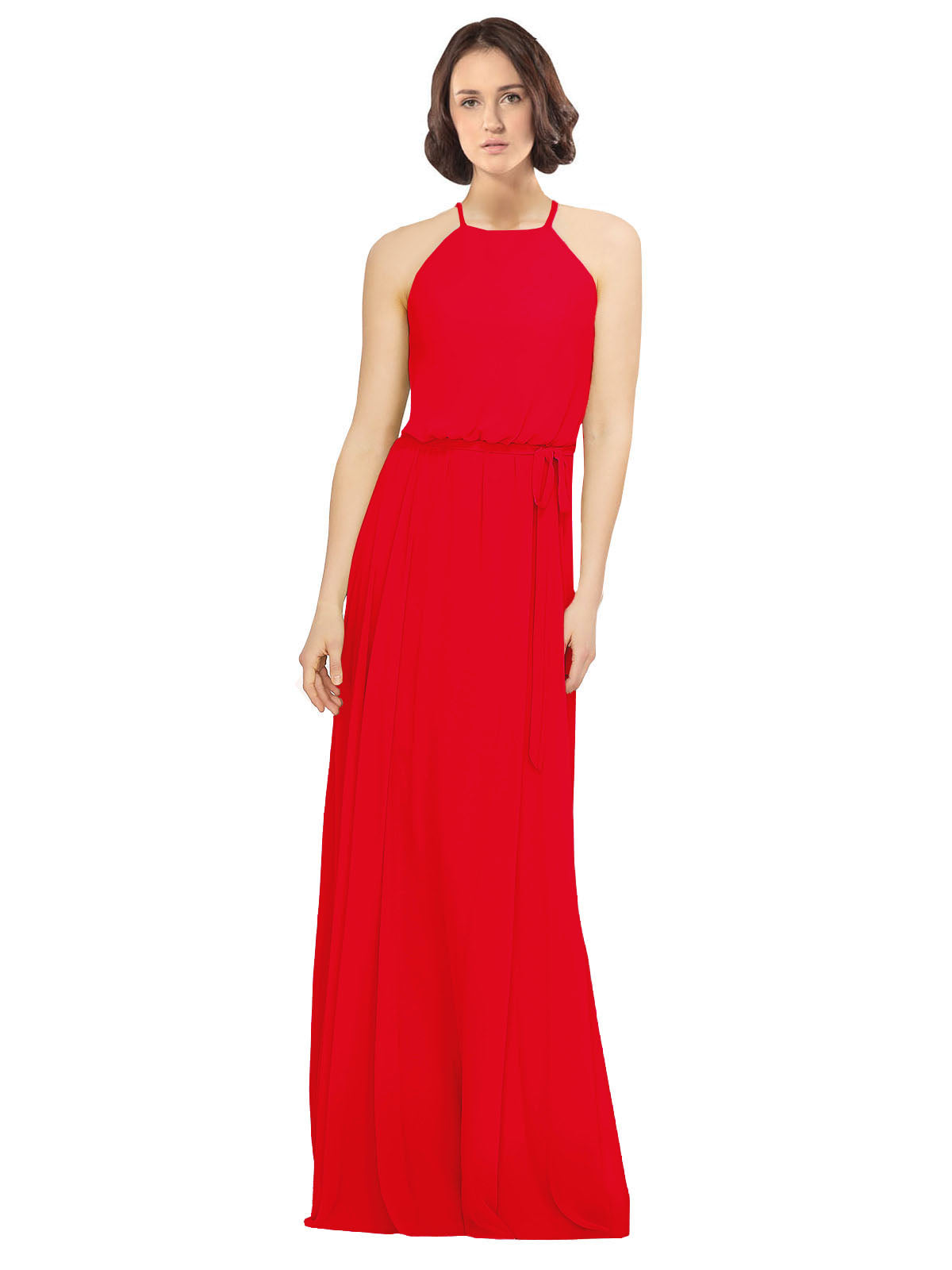 Red A-Line Jewel Sleeveless Long Bridesmaid Dress Ariel