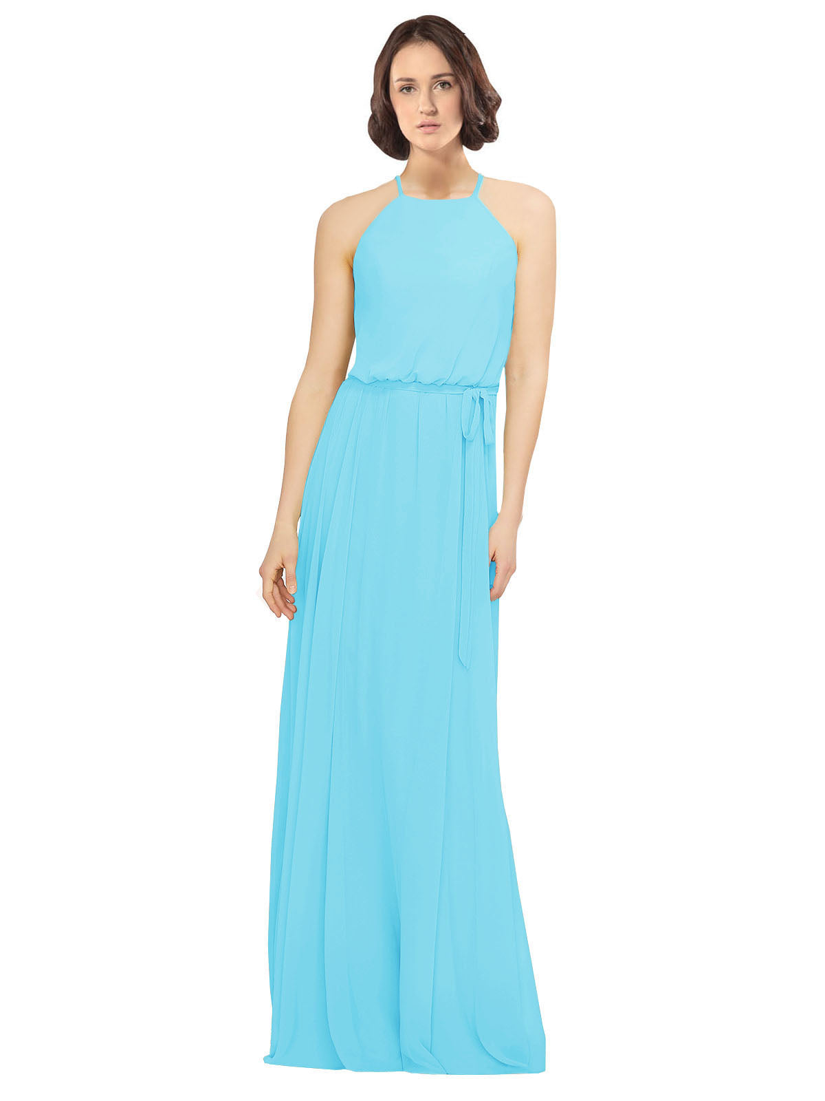 Sky Blue A-Line Jewel Sleeveless Long Bridesmaid Dress Ariel