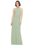 Smoke Green A-Line Jewel Sleeveless Long Bridesmaid Dress Ariel
