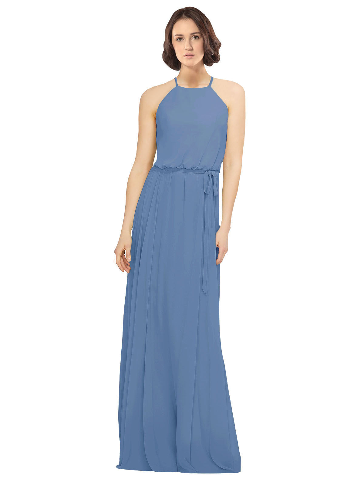 Windsor Blue A-Line Jewel Sleeveless Long Bridesmaid Dress Ariel